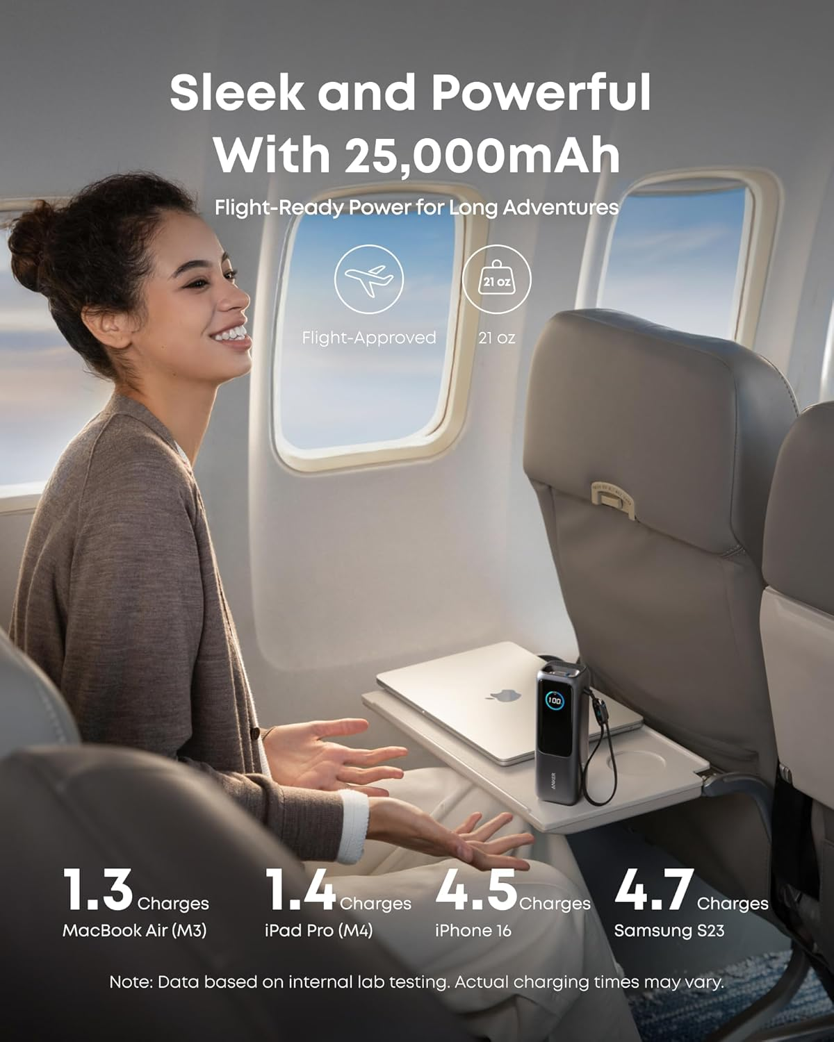 ● 25000mAh 165W Laptop Power Bank with Built-in Retractable USB-C Cable (Triple Port, Flight-Approved)