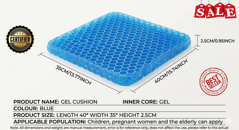 Orthopedic Gel Cushion, Honeycomb Seat Pad for Back , Coccyx Pain Relief, Breathable Office Chair & Car Cushion, Comfort Gel Mat