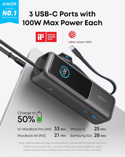 ●	25000mAh 165W Laptop Power Bank with Built-in Retractable USB-C Cable (Triple Port, Flight-Approved)