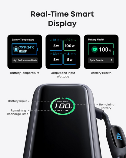 ●	25000mAh 165W Laptop Power Bank with Built-in Retractable USB-C Cable (Triple Port, Flight-Approved)