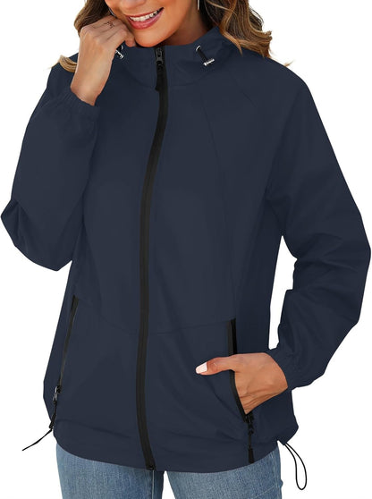 Rain Jacket for Women Waterproof Lightweight Windbreaker Jacket with Hood Packable Raincoat with Pockets S-3XL