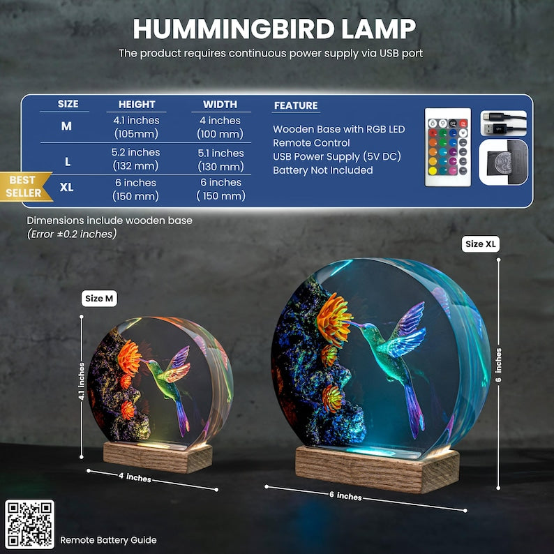 Hummingbird Resin Night Light | Handmade Round with Wooden Base | Romantic Nature Decor & Unique Gift