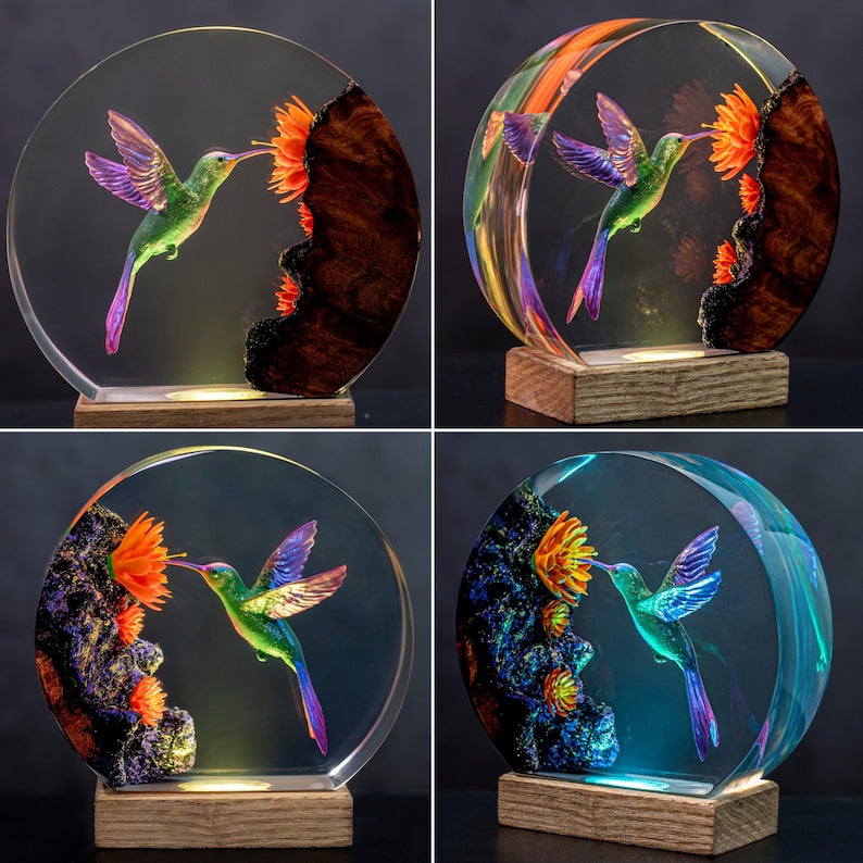 Hummingbird Resin Night Light | Handmade Round with Wooden Base | Romantic Nature Decor & Unique Gift