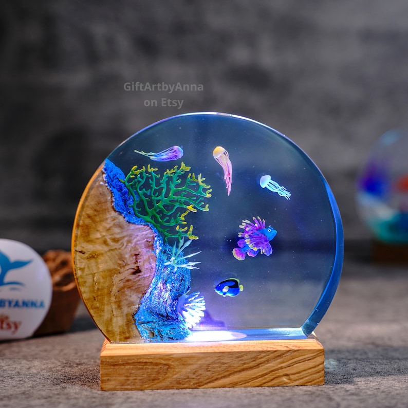 Hummingbird Resin Night Light | Handmade Round with Wooden Base | Romantic Nature Decor & Unique Gift