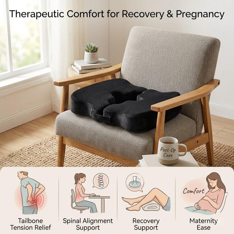 Ergonomic Donut Pillow for Tailbone Comfort, 2-in-1 Memory Foam Seat Cushion for Post-Surgery Support, Office Chair & Pressure Relief Pad