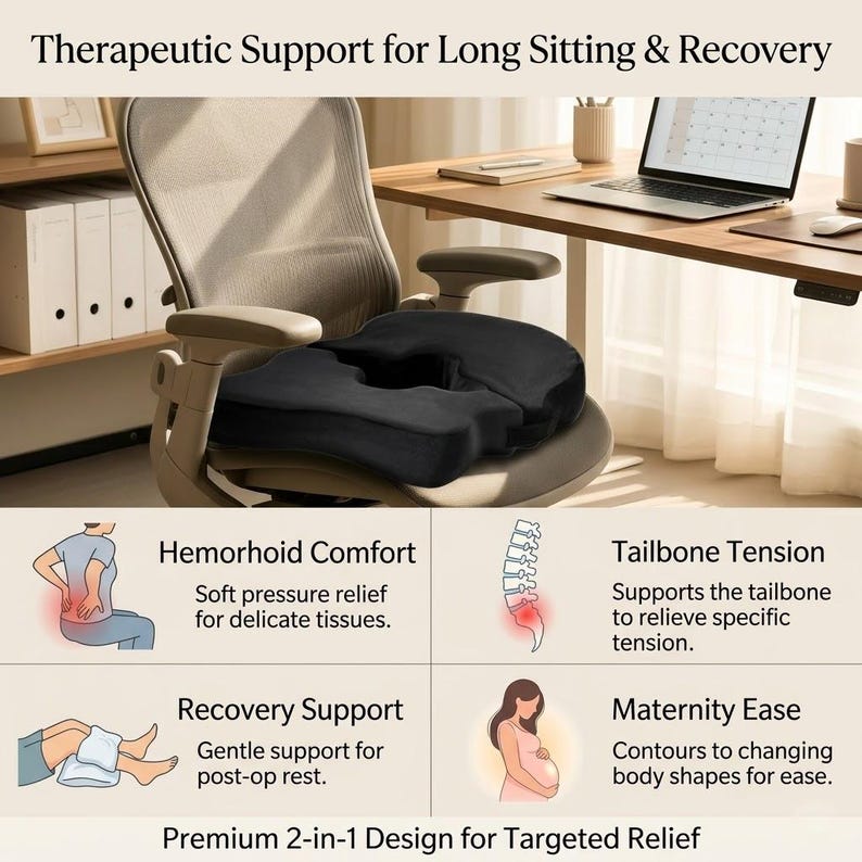 Ergonomic Donut Pillow for Tailbone Comfort, 2-in-1 Memory Foam Seat Cushion for Post-Surgery Support, Office Chair & Pressure Relief Pad