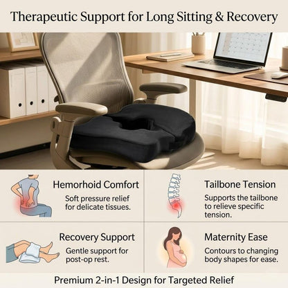 Ergonomic Donut Pillow for Tailbone Comfort, 2-in-1 Memory Foam Seat Cushion for Post-Surgery Support, Office Chair & Pressure Relief Pad