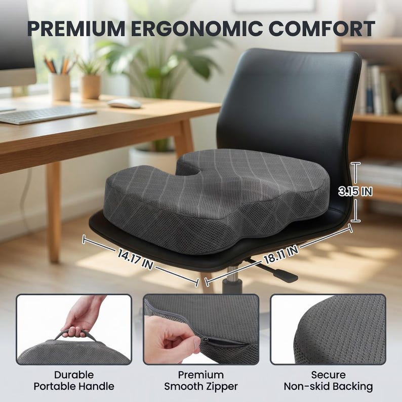 Ergonomic Memory Foam Seat Cushion, Pain Relief Coccyx Hip Support