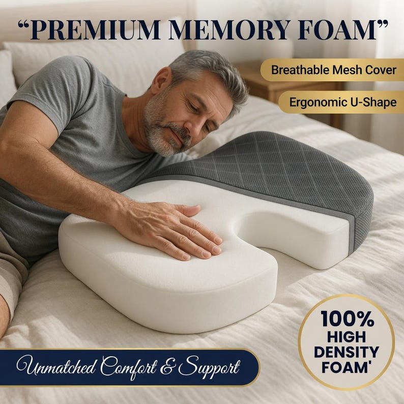 Ergonomic Memory Foam Seat Cushion, Pain Relief Coccyx Hip Support