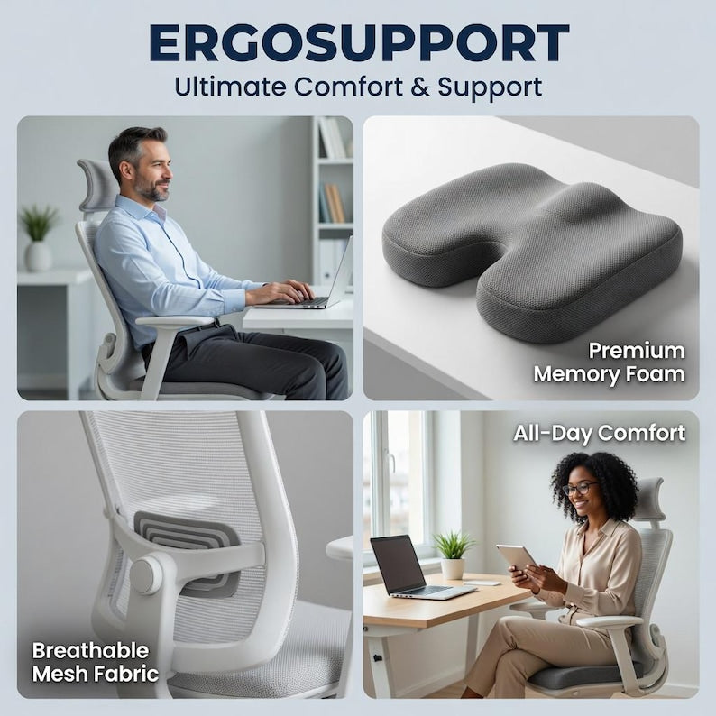 Ergonomic Memory Foam Seat Cushion, Pain Relief Coccyx Hip Support