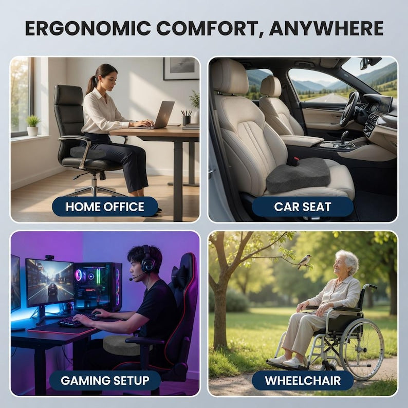 Ergonomic Memory Foam Seat Cushion, Pain Relief Coccyx Hip Support