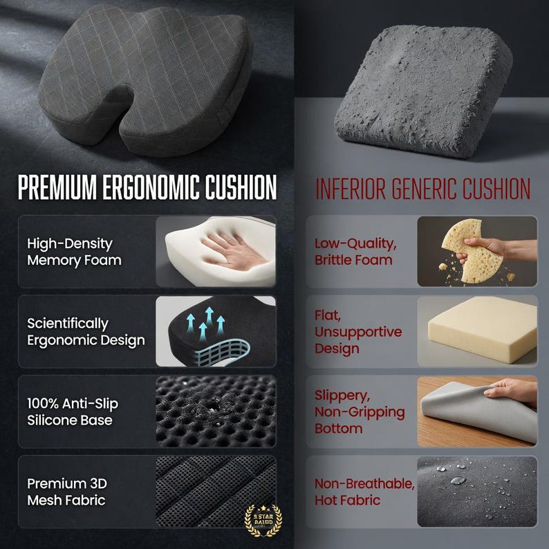 Ergonomic Memory Foam Seat Cushion, Pain Relief Coccyx Hip Support