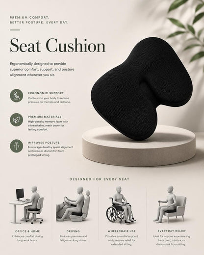 Ergonomic Memory Foam Seat Cushion – Sciatica Pain Relief, Office Chair Pillow