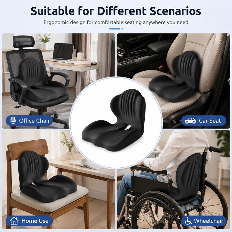 Ergonomic Seat Cushion: Spinal Support, Posture Improvement, Breathable, Portable