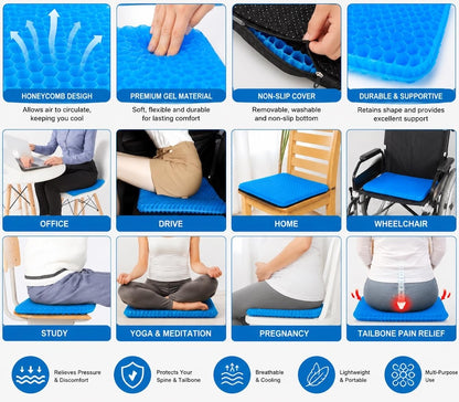 Orthopedic Gel Cushion, Honeycomb Seat Pad for Back , Coccyx Pain Relief, Breathable Office Chair & Car Cushion, Comfort Gel Mat